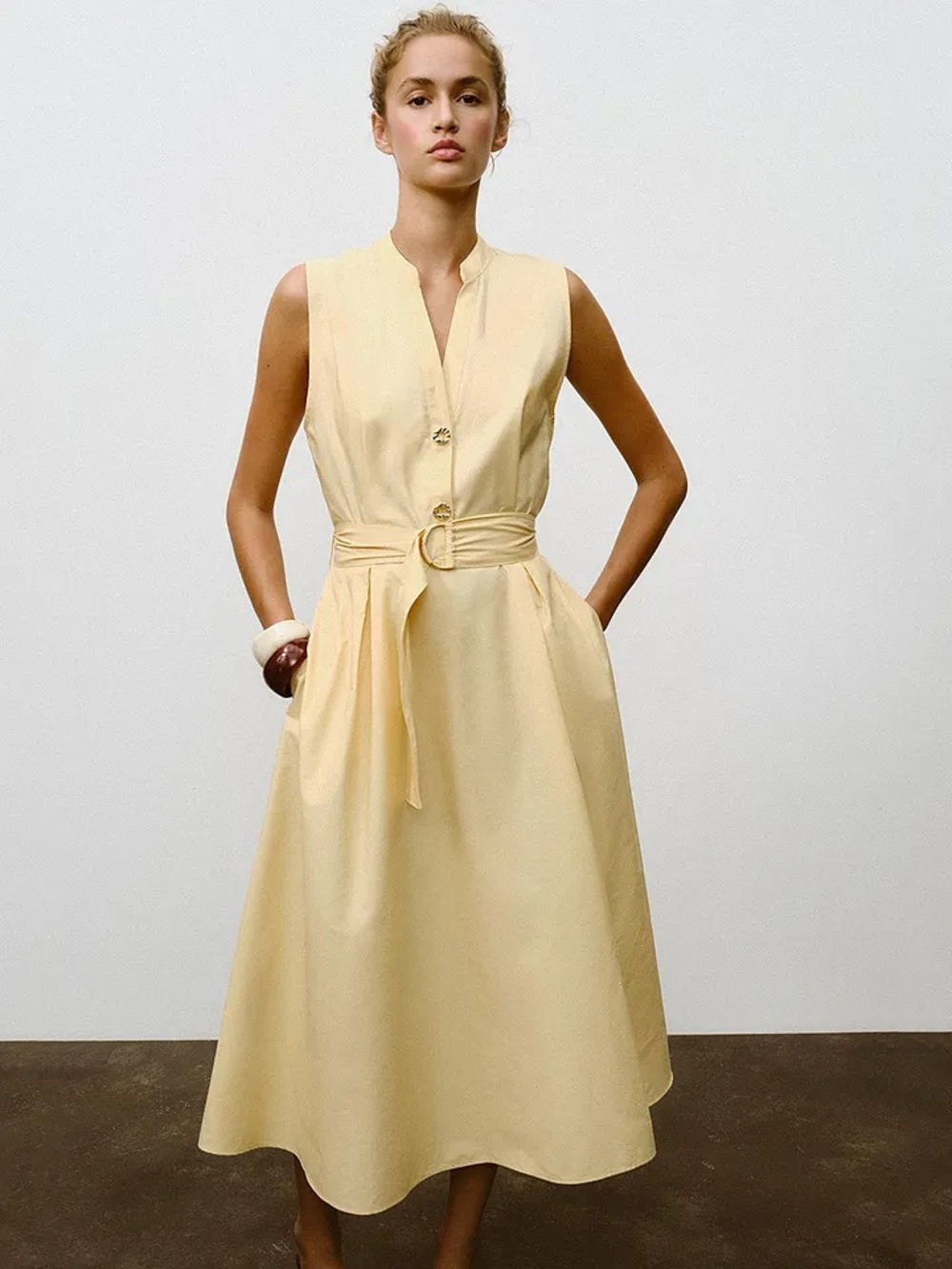 Zara Pale Yellow Sleeveless Midi Dress with Ring Belt - 100% cotton